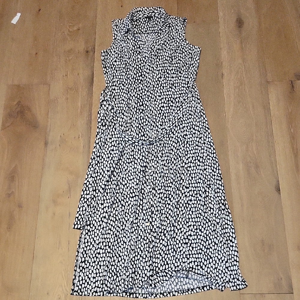 Talbots Black And White Tie At Waist Button Up Dress Size Medium Excellent Condi